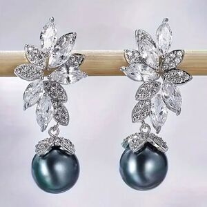Faux Grey Pearl Diamond Earrings